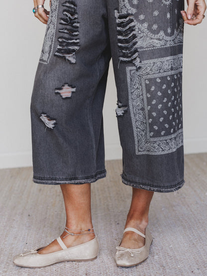 High Hopes Slouchy Denim Overalls - Black Bandana