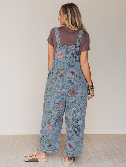 High Hopes Slouchy Denim Overalls - Floral Blue Denim