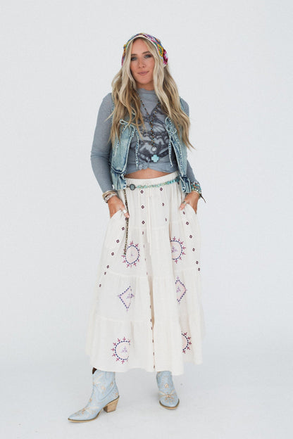 Larkspur Embroidered Maxi Skirt - Natural