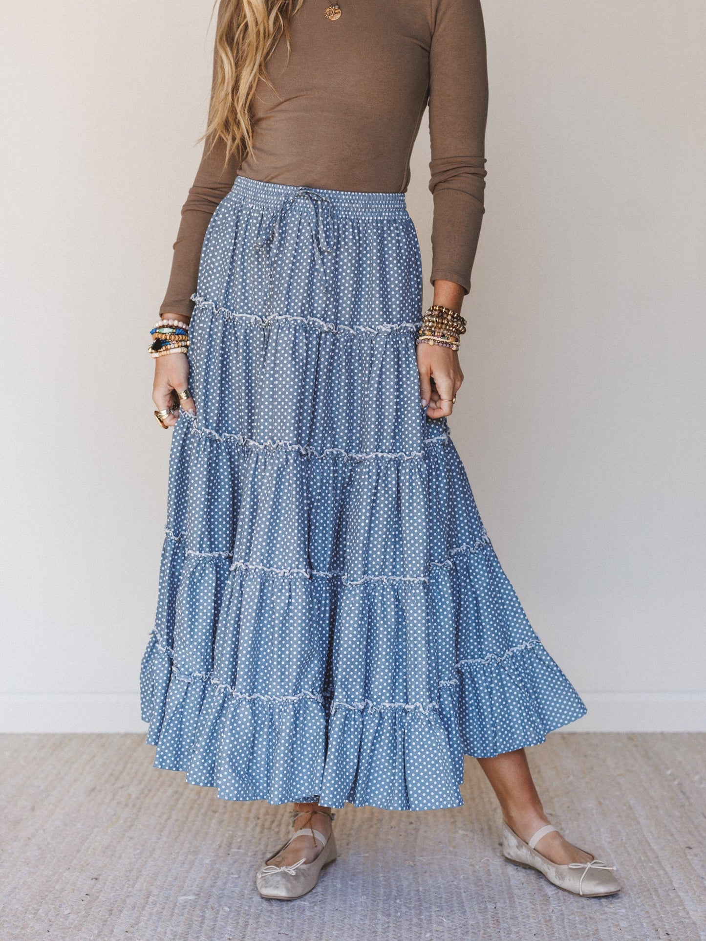 Polka Dot Darling Maxi Skirt - Denim