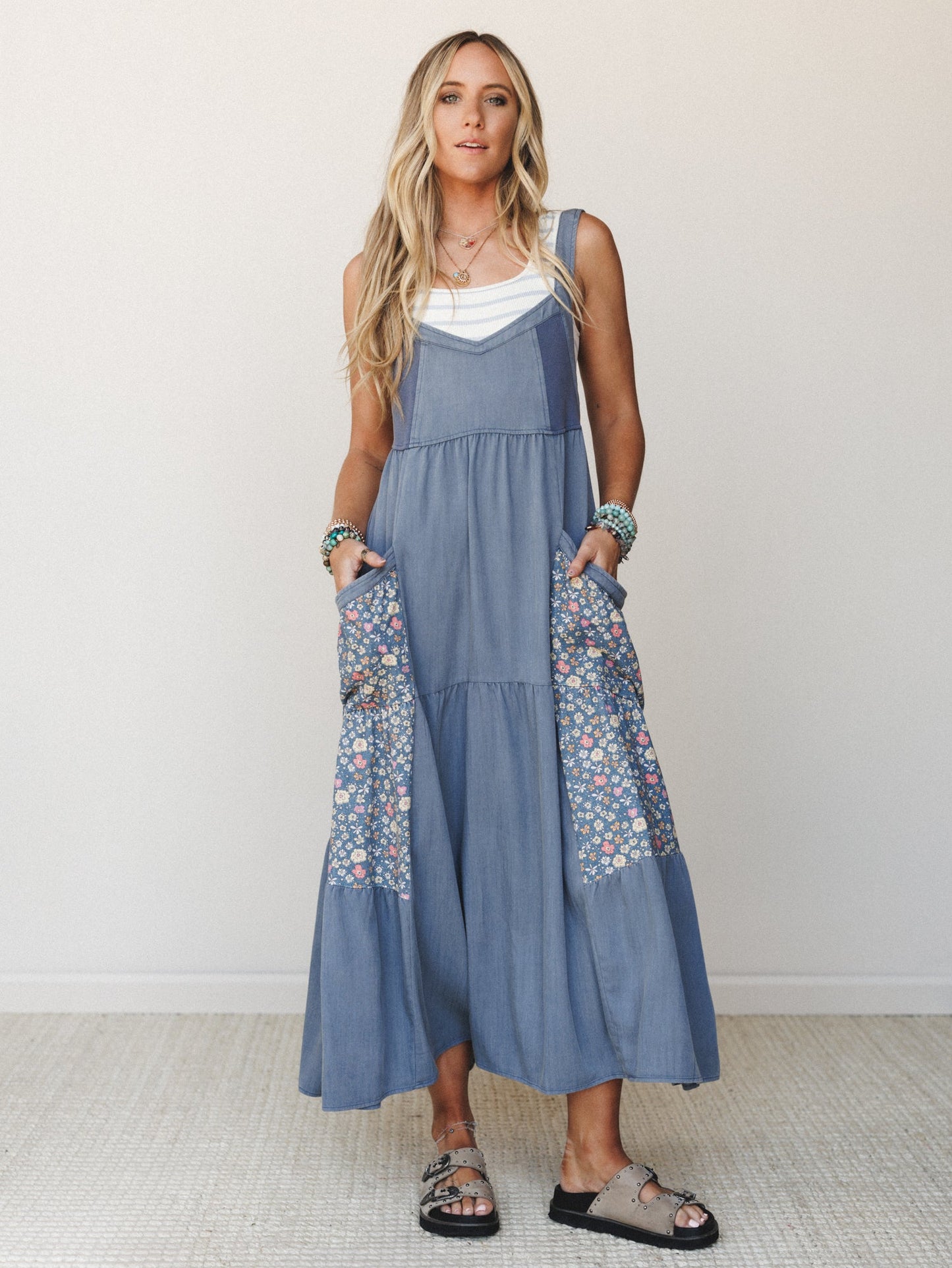 June's Flowers Maxi Dress - Washed Denim