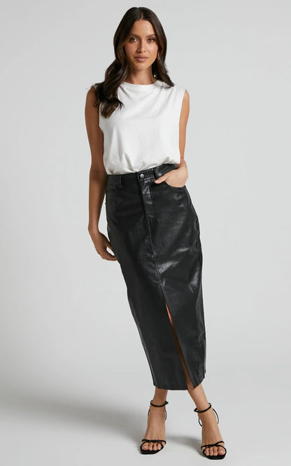 Jules Midi Skirt - Faux Leather High Waisted Front Split Midi Skirt in Black