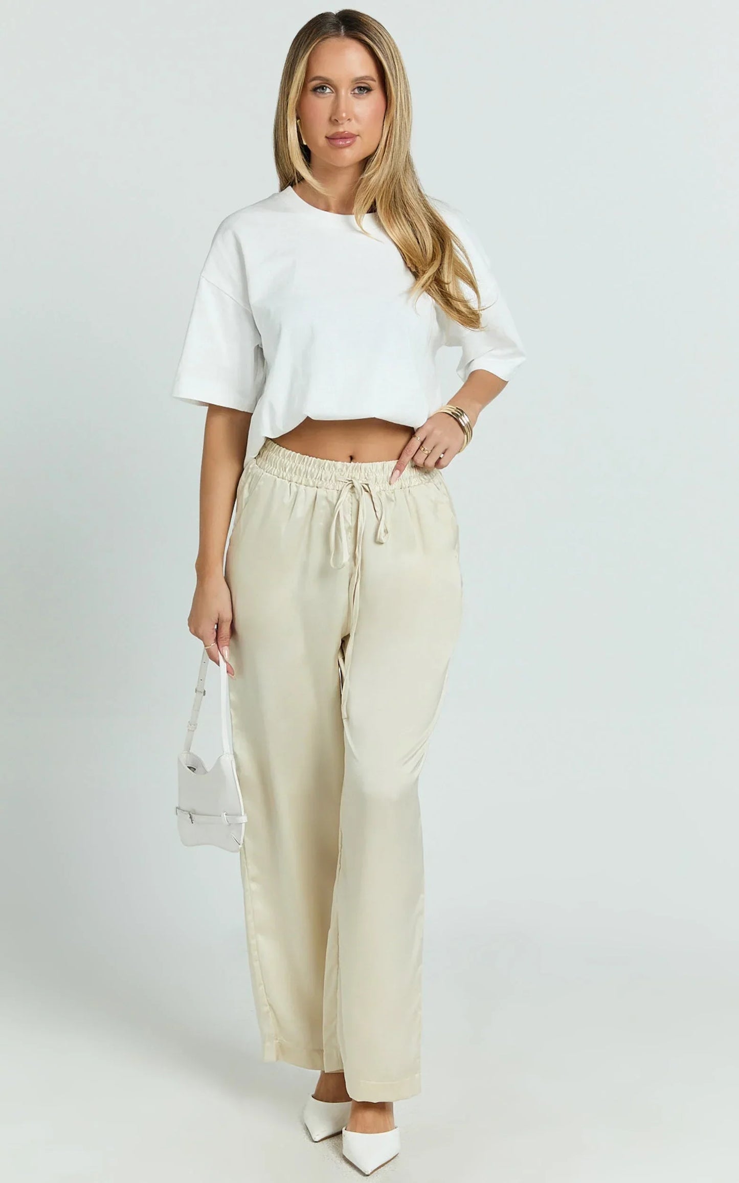 Jinky Pants - Satin Drawstring Pants in Off White