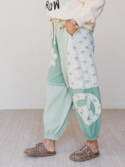 Cool Girl Patch Work Pants - Mint Green