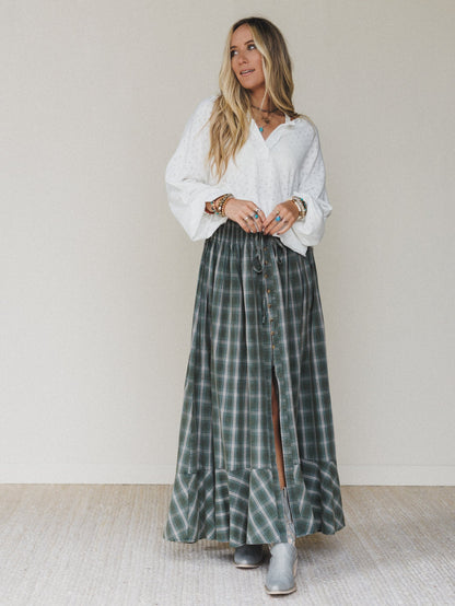 Bonfire Bloom Plaid Skirt - Olive
