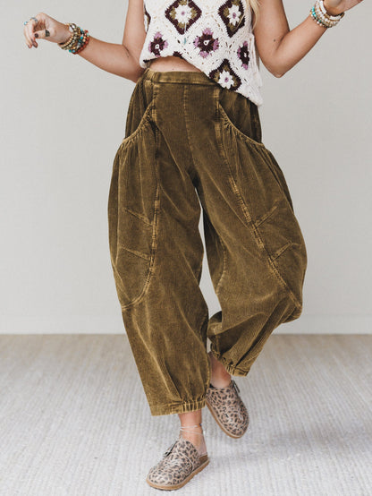 The Nest Nora Gathered Barrel Corduroy Pant - Olive