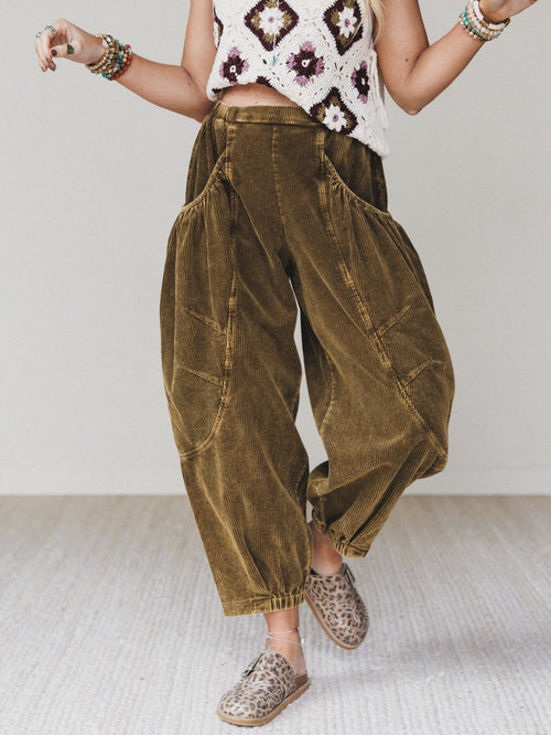 The Nest Nora Gathered Barrel Corduroy Pant - Olive