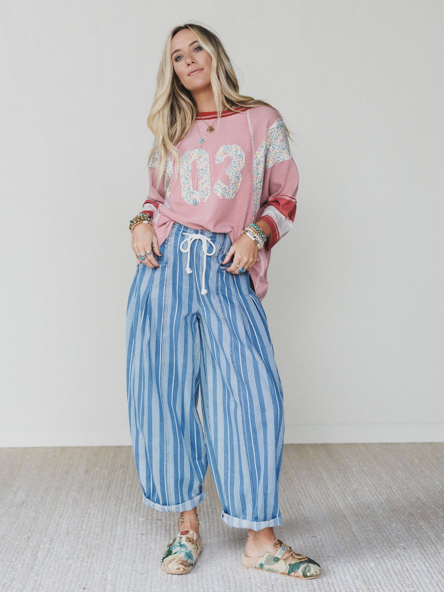 Right Step Striped Pants  - Light Denim