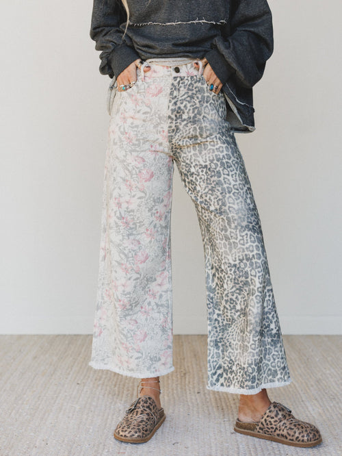 The Nest Ezra Mixed Print Wide Leg Jeans - Beige Multi