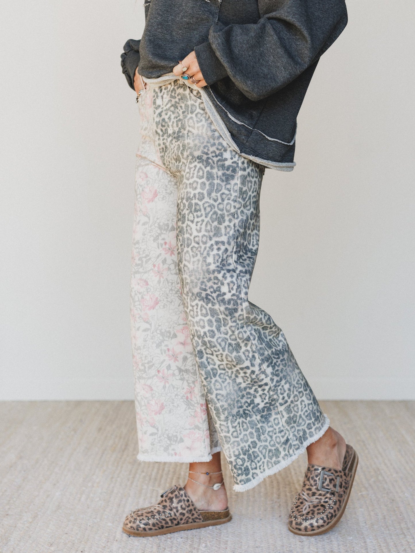 The Nest Ezra Mixed Print Wide Leg Jeans - Beige Multi