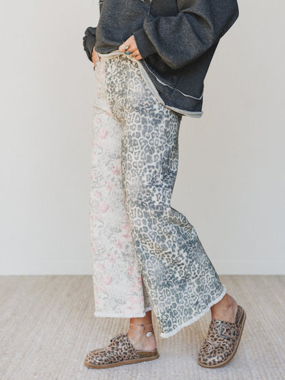 The Nest Ezra Mixed Print Wide Leg Jeans - Beige Multi