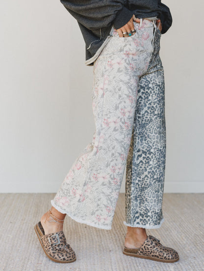 The Nest Ezra Mixed Print Wide Leg Jeans - Beige Multi