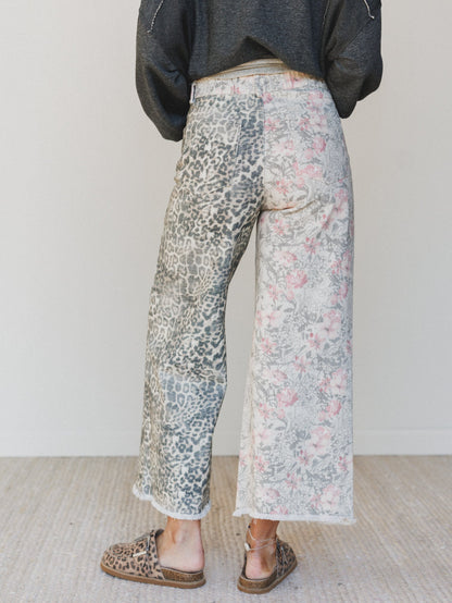 The Nest Ezra Mixed Print Wide Leg Jeans - Beige Multi