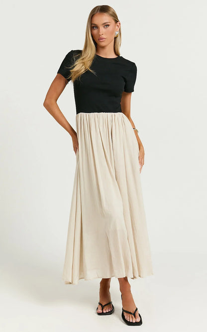 Hermie Midi Dress - Short Sleeve Contrast Dress in Black & Beige