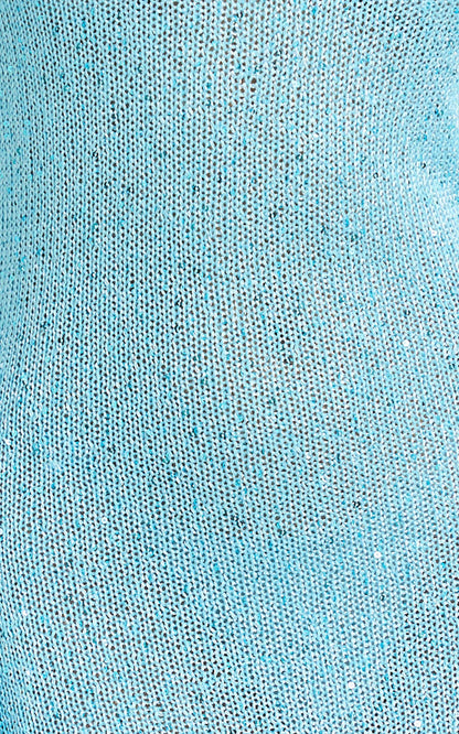 Inez Maxi Dress - High Neck Long Sleeve Scoop Back Sequin Open Knit Column Dress in Light Blue