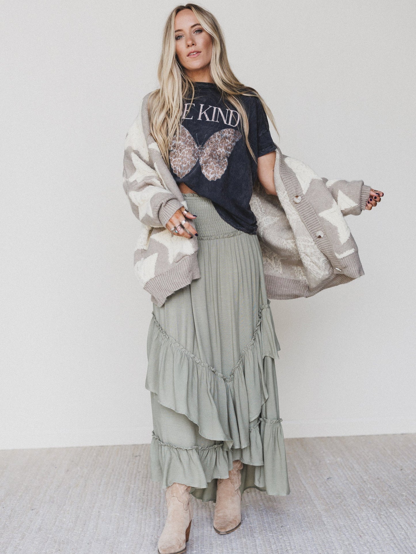 Washed Ashore Ruffled Maxi Skirt - Olive