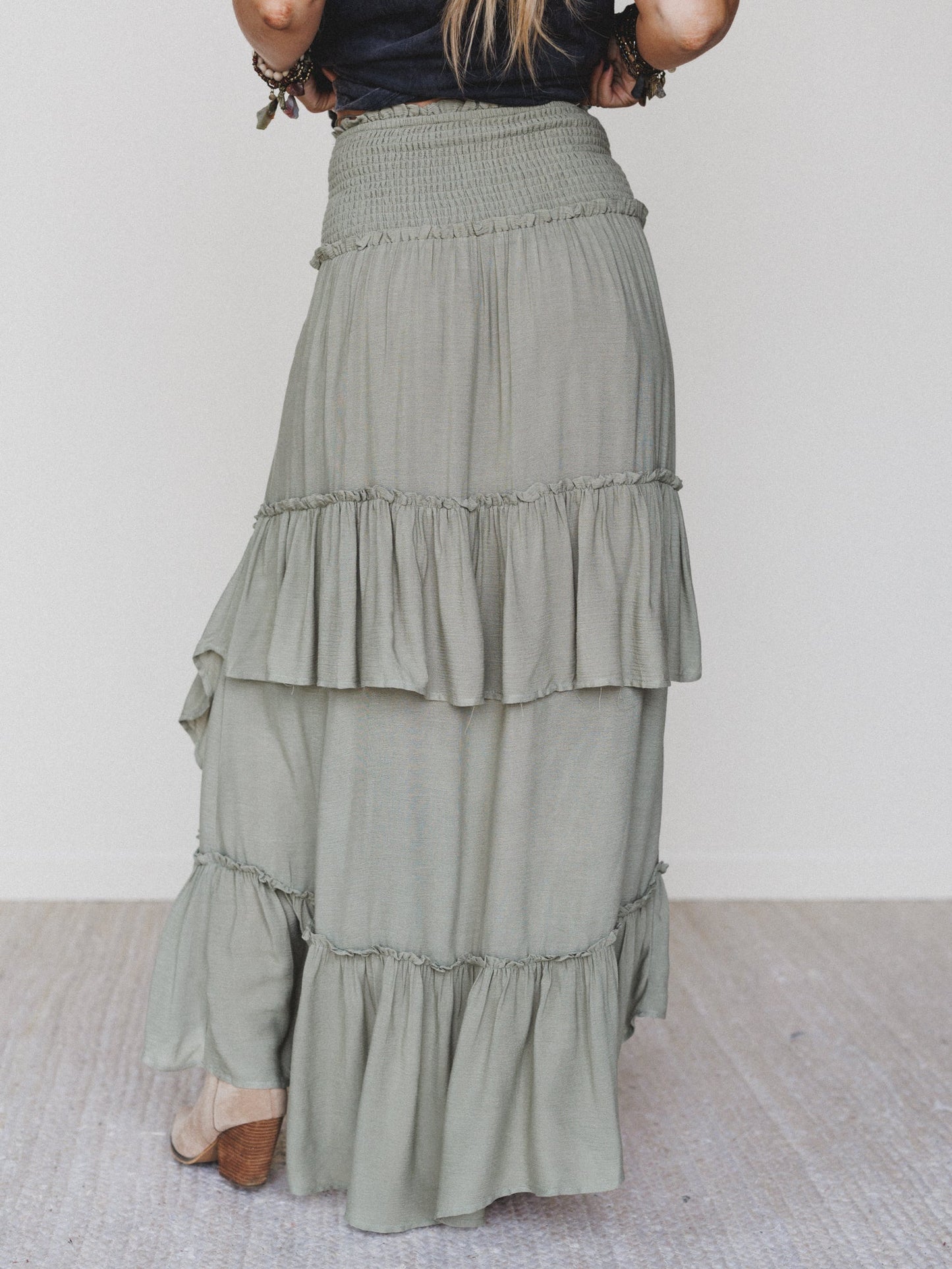 Washed Ashore Ruffled Maxi Skirt - Olive