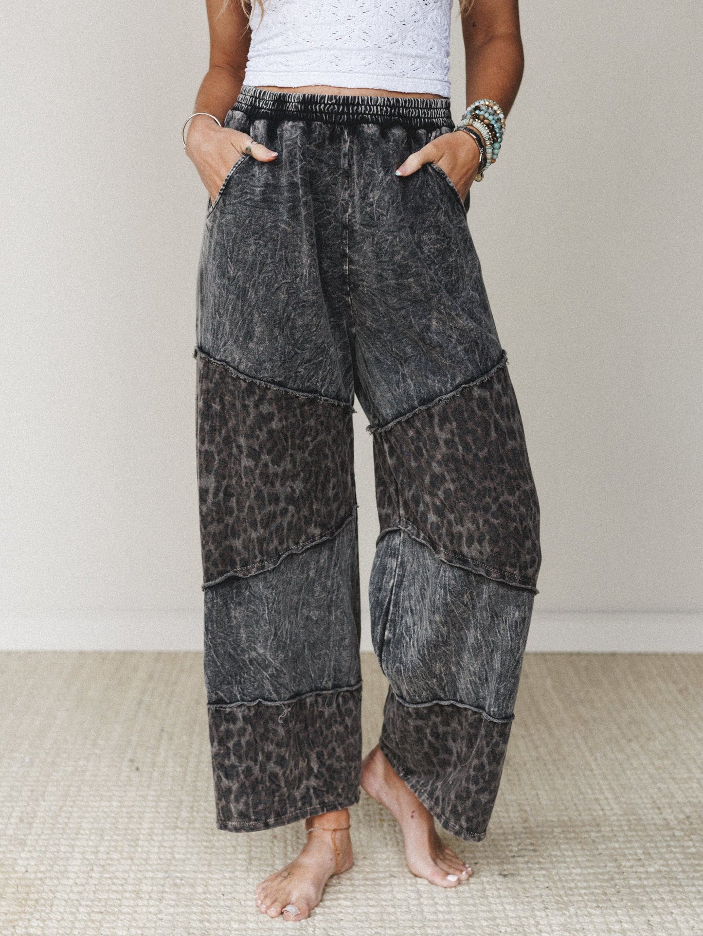 Milana Leopard Print Wide Leg Pants - Ash Black