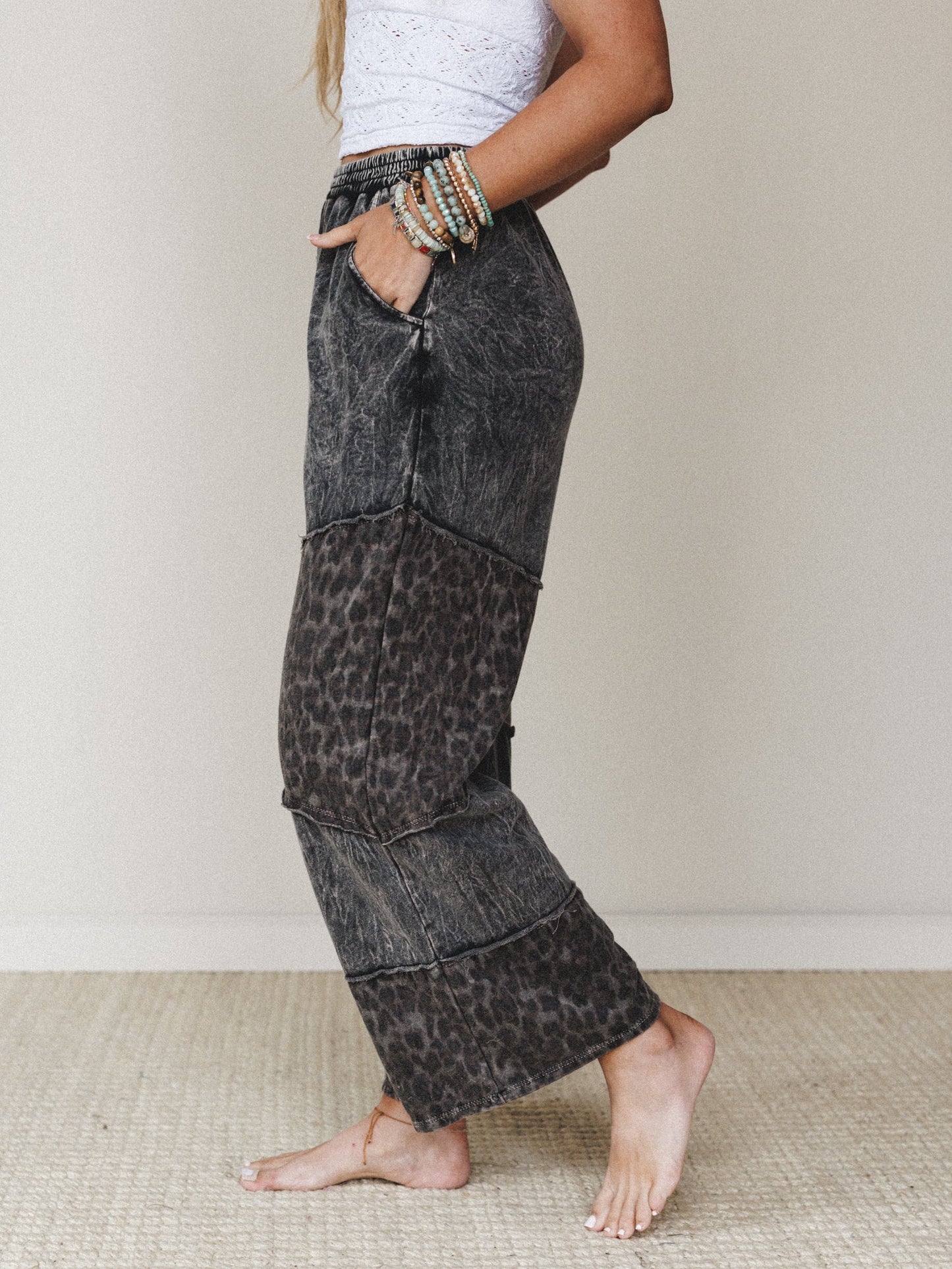 Milana Leopard Print Wide Leg Pants - Ash Black