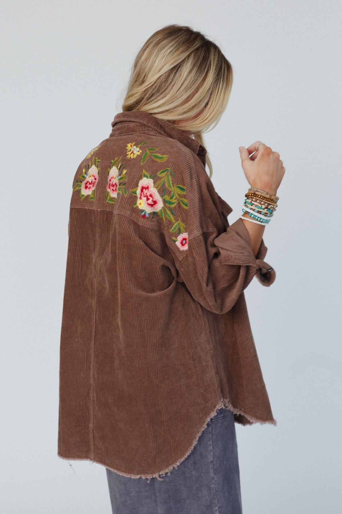 Gardener Embroidered Button Down Top - Mocha