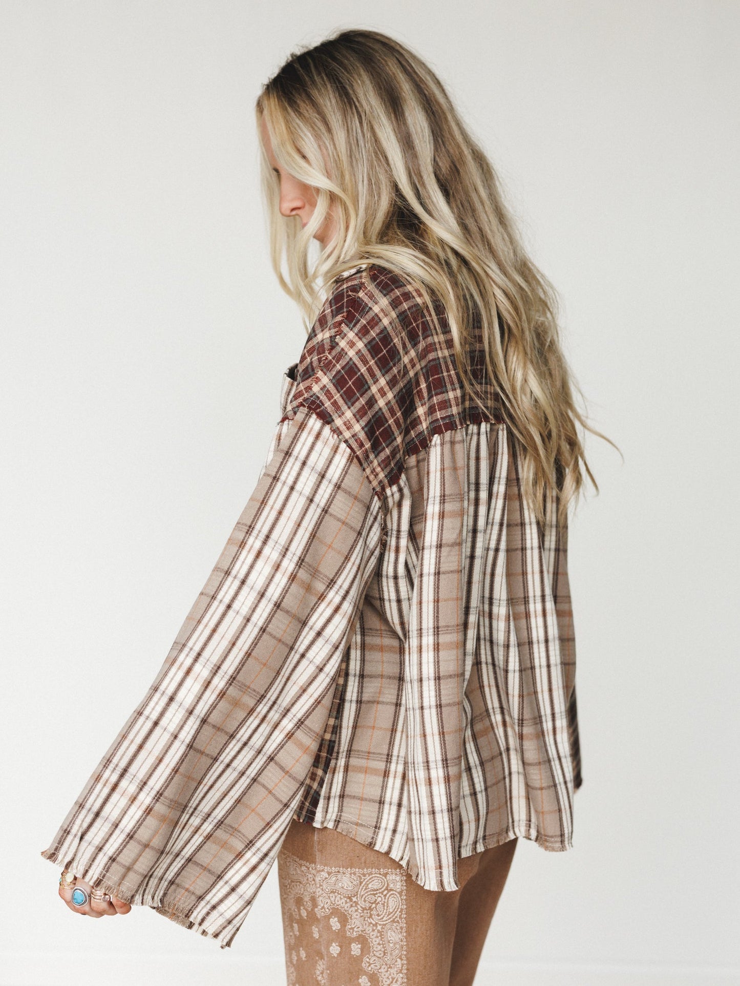 Plaid Flannel Bell Sleeve Top - Brown