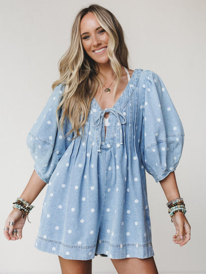 Spotted in Cuteness Denim Romper - Light Denim
