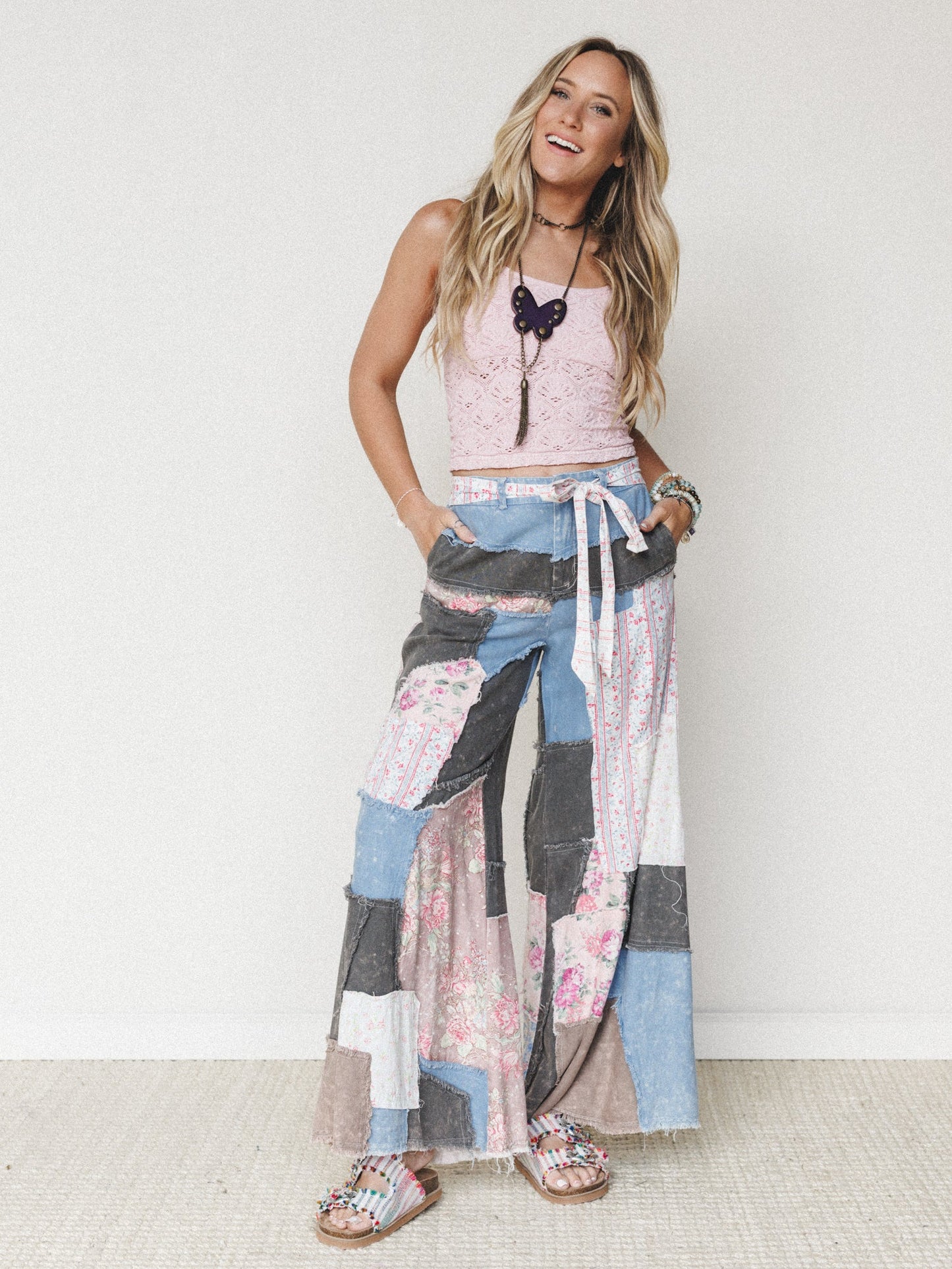 Peony Patchwork Pants - Blue