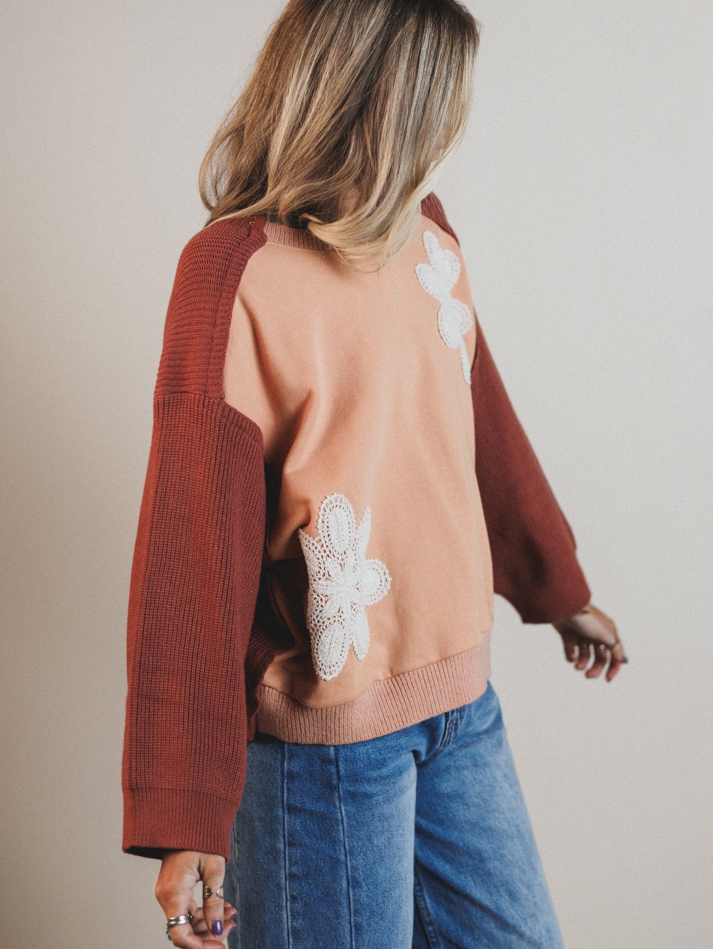 Floral Stitch Color Block Top - Peach