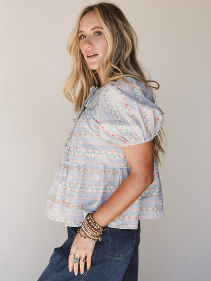 Vintage Lily Balloon Sleeve Blouse - Light Blue