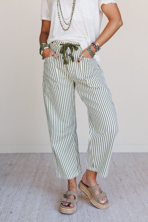 Elevated Eyelet Barrel Jeans - Olive Stripe