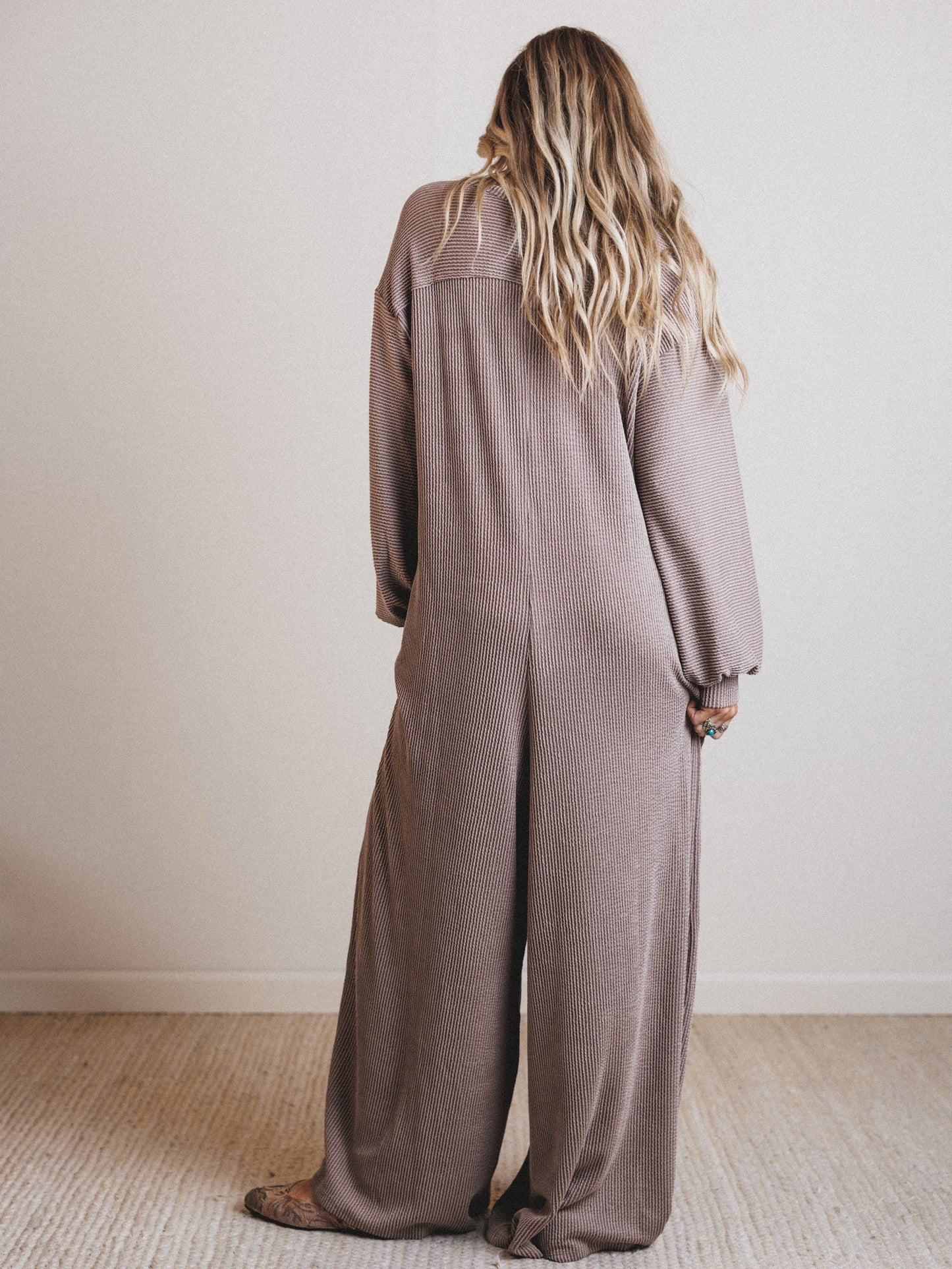 The Nest Daphne Textured Long Sleeve Jumpsuit - Acorn