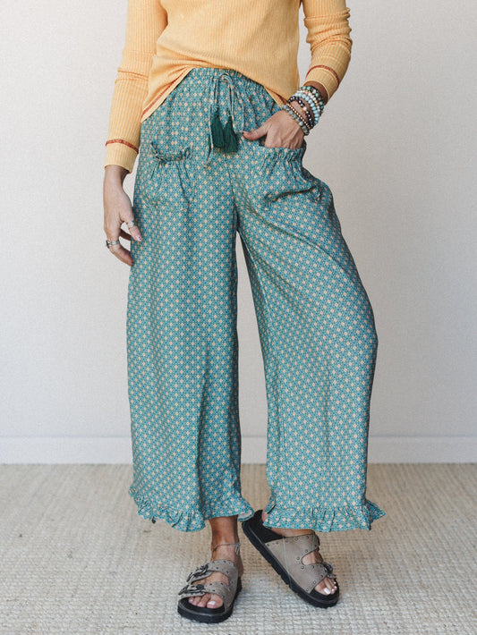 The Nest Mystic Mirage Printed Wide Leg Pants - Teal