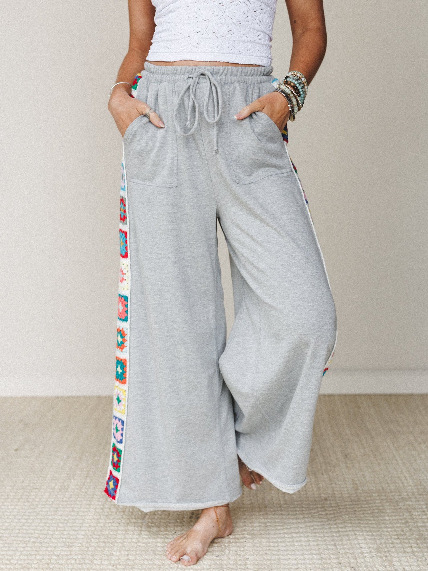 The Nest Love Seeker Crochet Panel Pants - Heather Gray