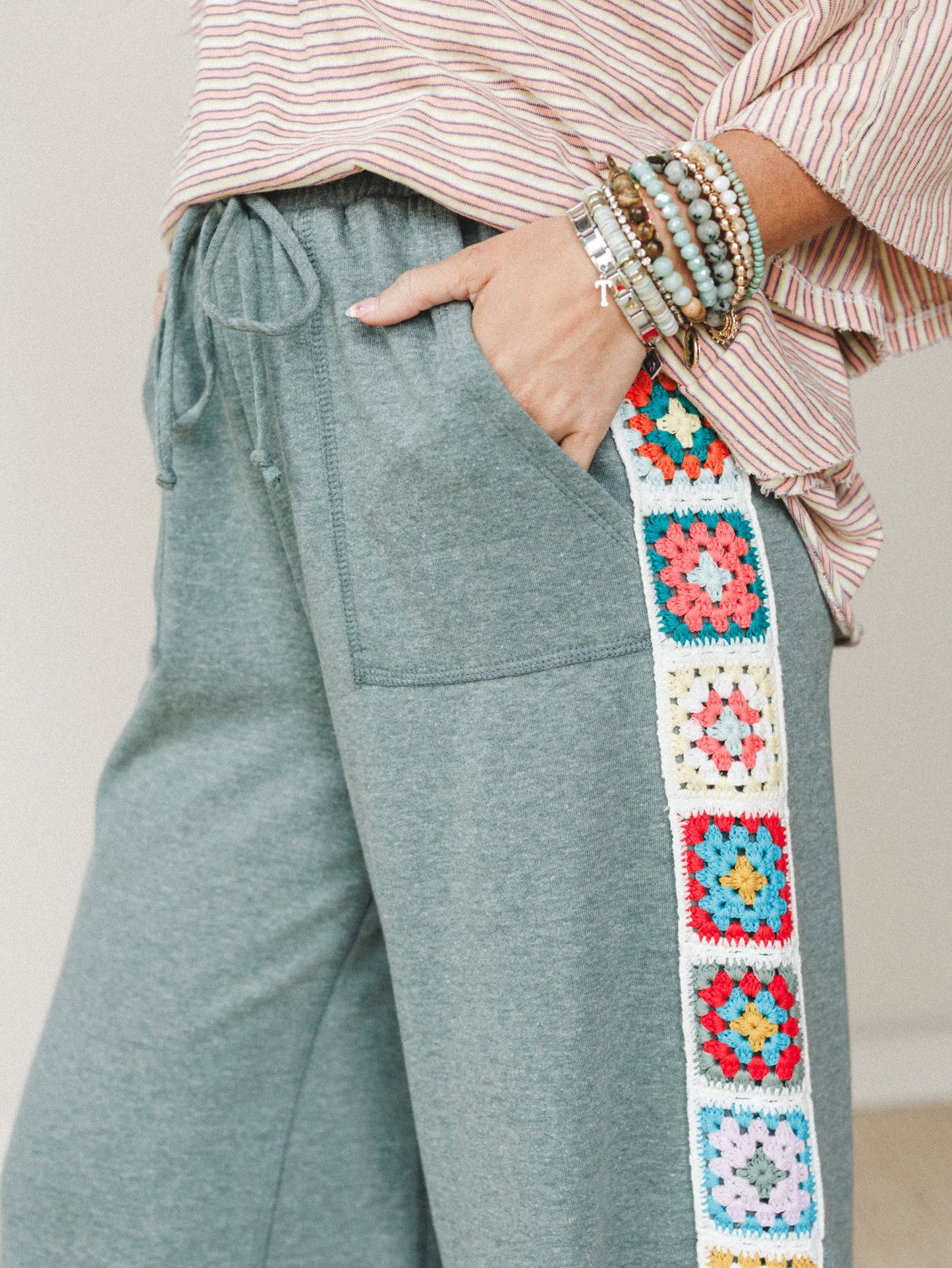 The Nest Love Seeker Crochet Panel Pants - Olive