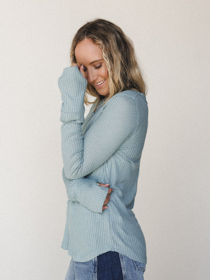 The Nest Jacqueline Waffle Long Sleeve Top - Dusty Blue