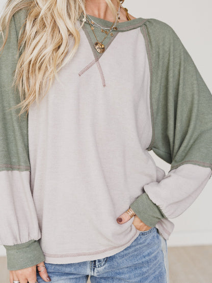 The Nest Jules Contrast Pullover Top - Taupe Olive