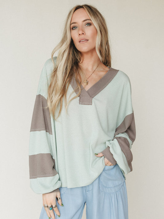 The Nest Elena Long Sleeve Top - Green Ash Mocha