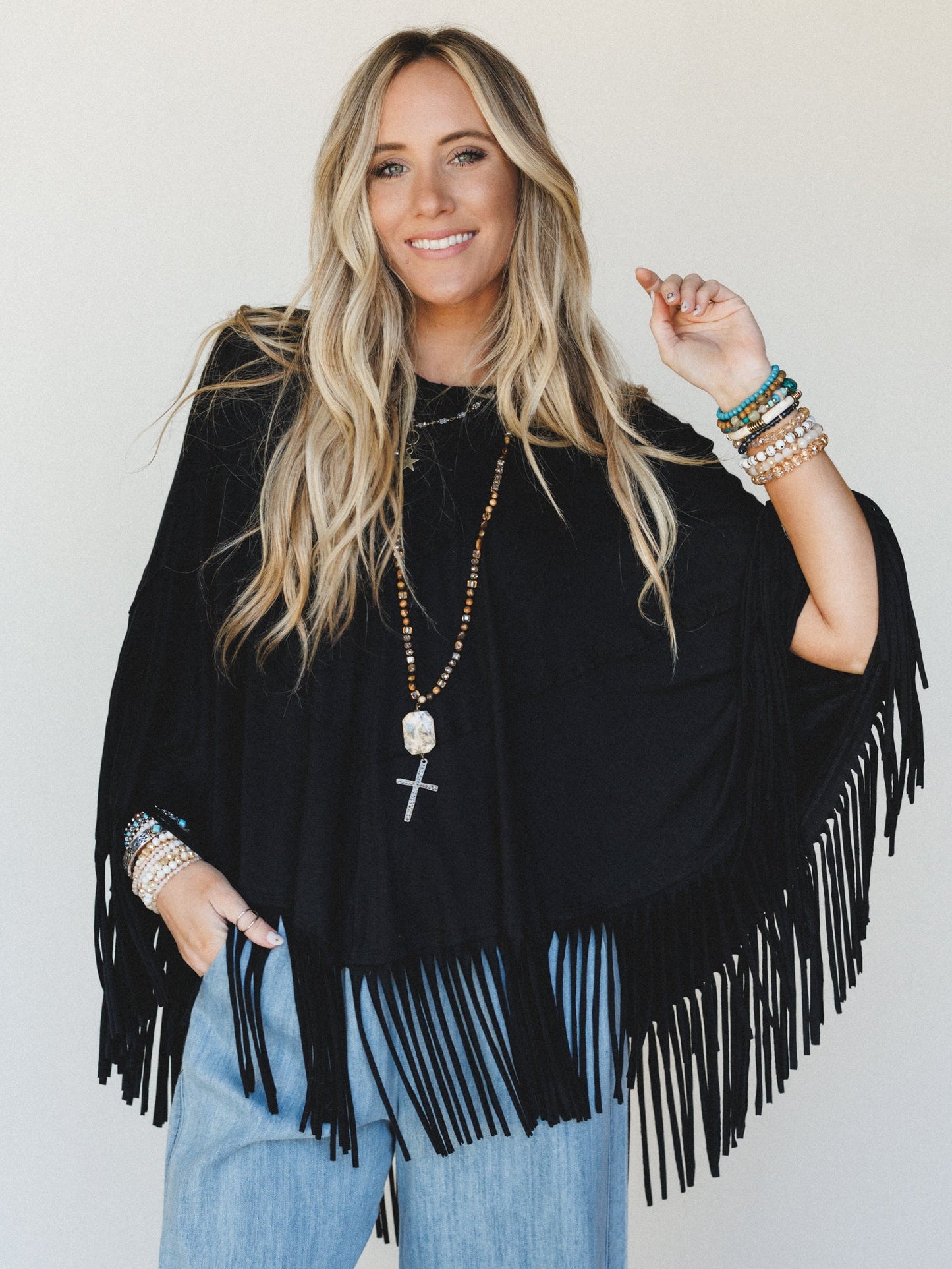 The Nest Showstopper Fringe Poncho - Black
