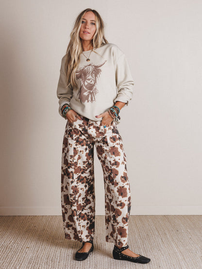 Belle Cow Print Barrel Jeans - Brown