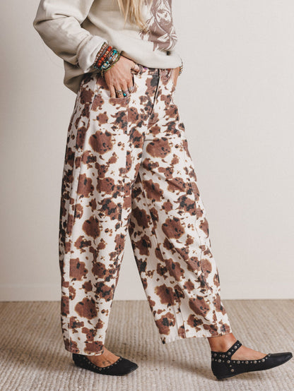 Belle Cow Print Barrel Jeans - Brown