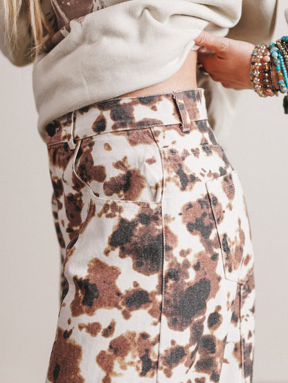 Belle Cow Print Barrel Jeans - Brown