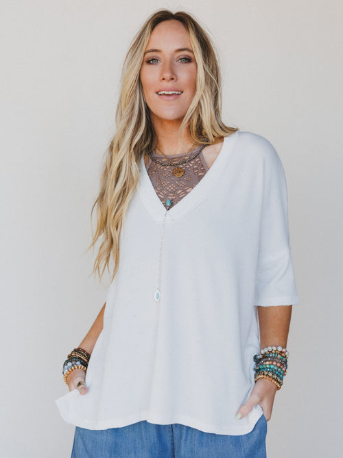 The Nest On The Go V Neck Ribbed Essential Tee - Off White