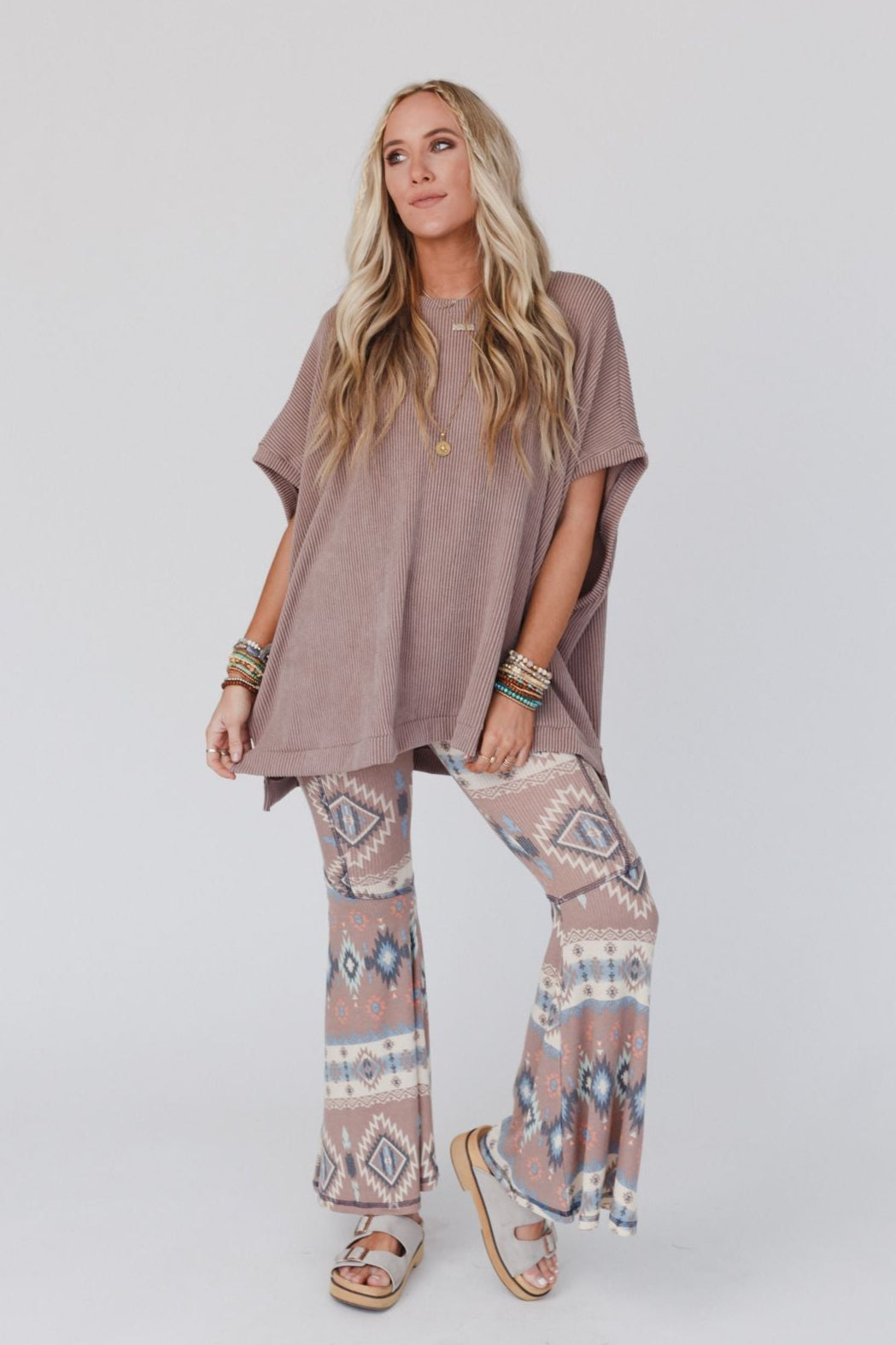 The Nest Boho Bliss Ribbed Flare Pants - Taupe