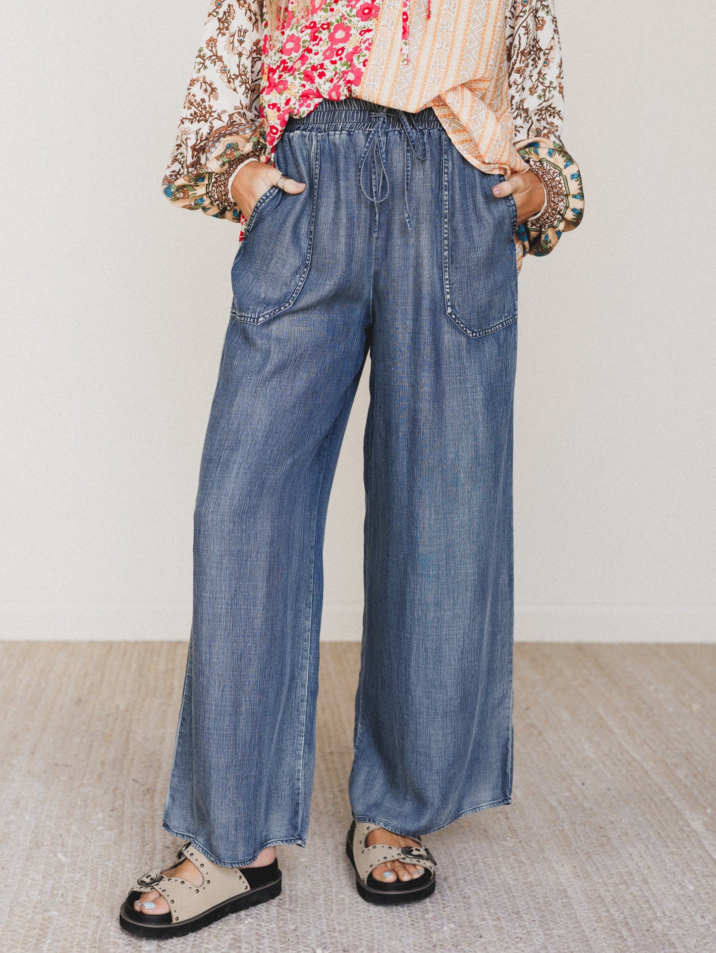Casual Step Wide Leg Pants  - Dark Denim
