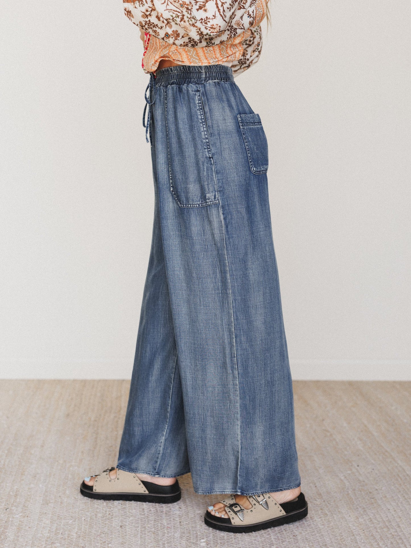 Casual Step Wide Leg Pants  - Dark Denim