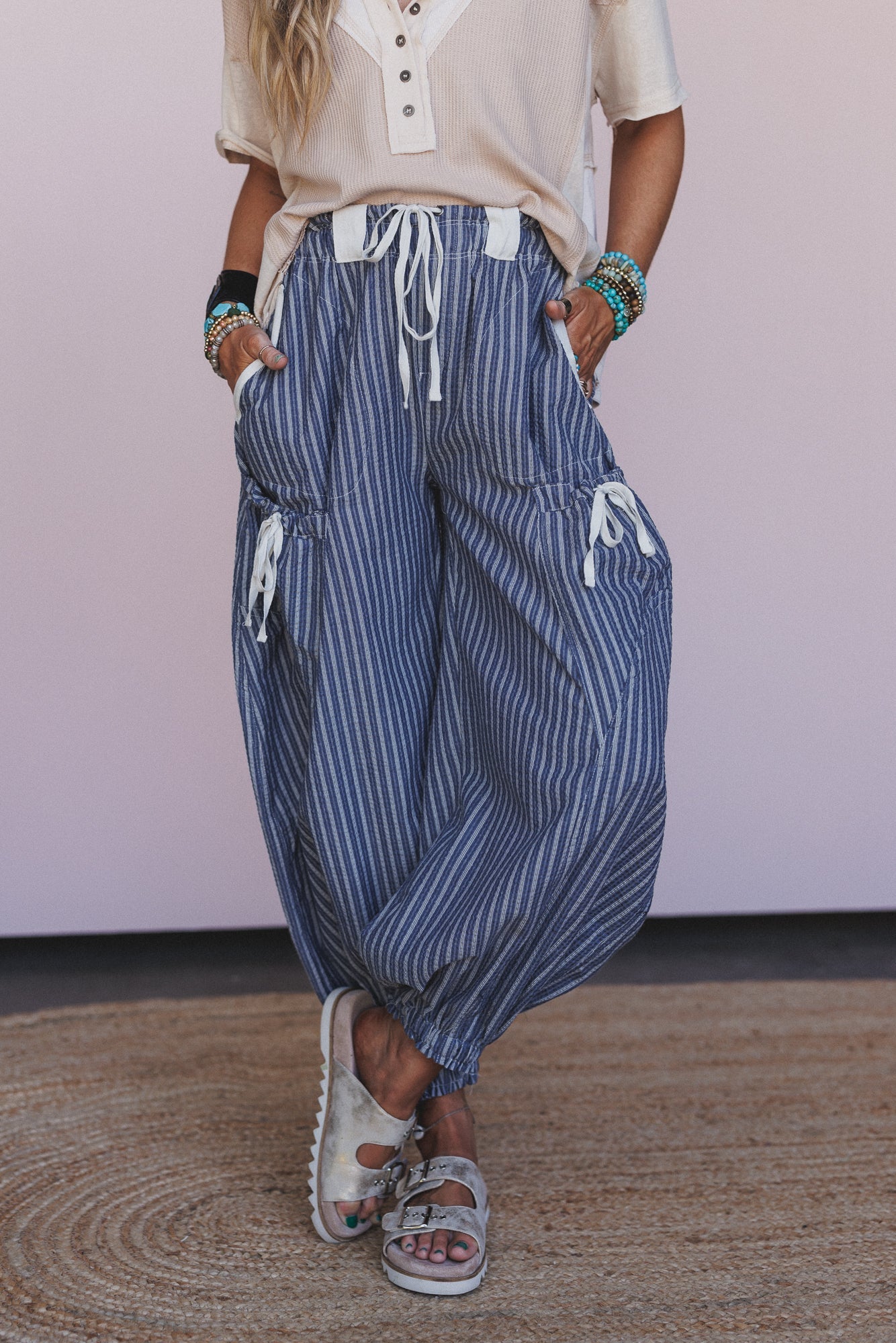 Sunday Social Striped Drawstring Joggers - Blue