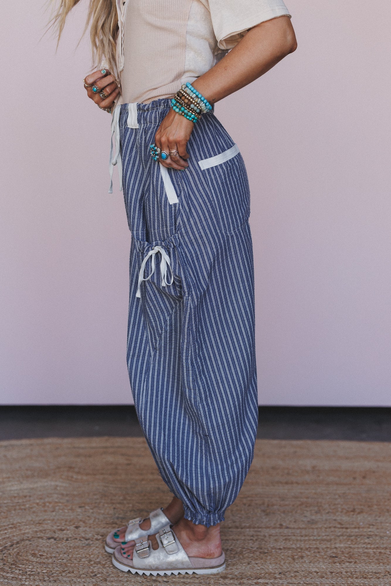 Sunday Social Striped Drawstring Joggers - Blue