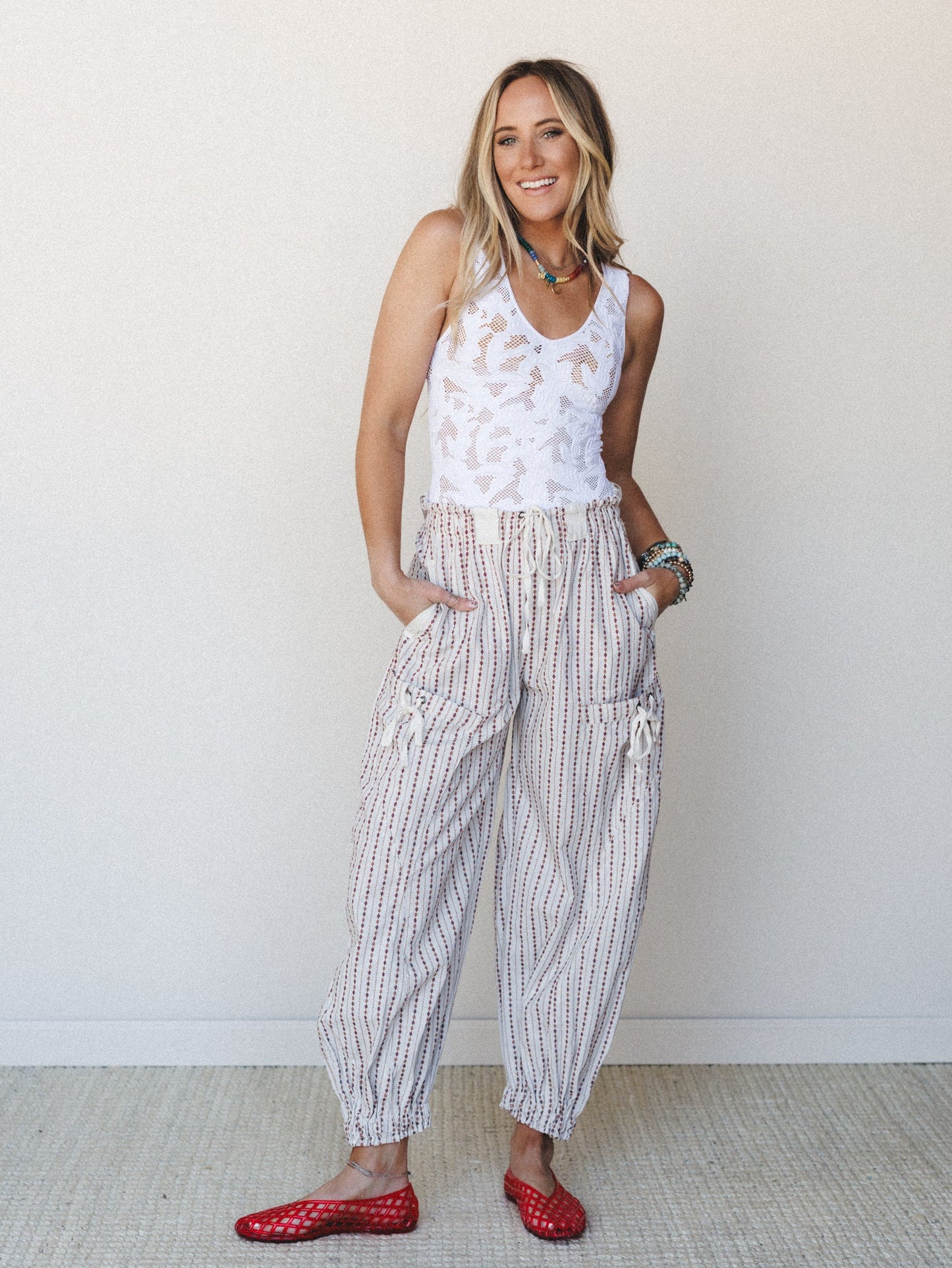 Sunday Social Striped Drawstring Joggers - Oatmeal