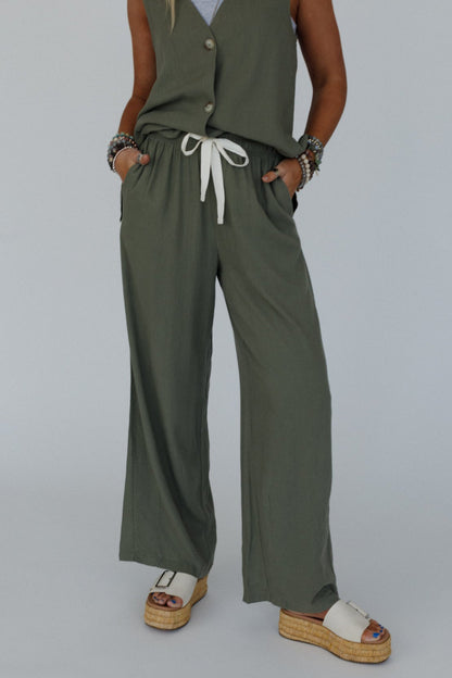 Coastal Ease Drawstring Pants - Olive