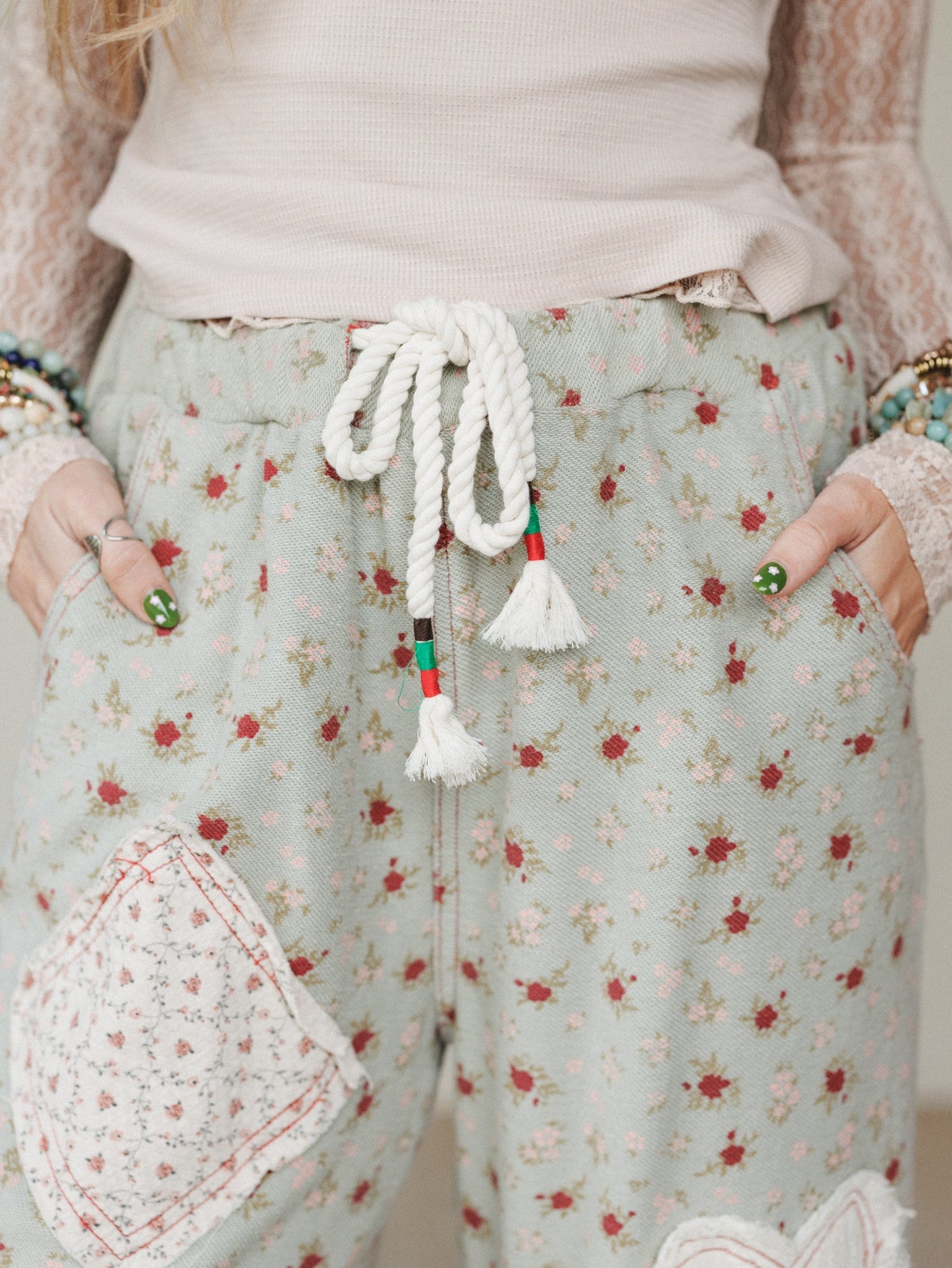 Nora Patchwork Floral Pants - Olive